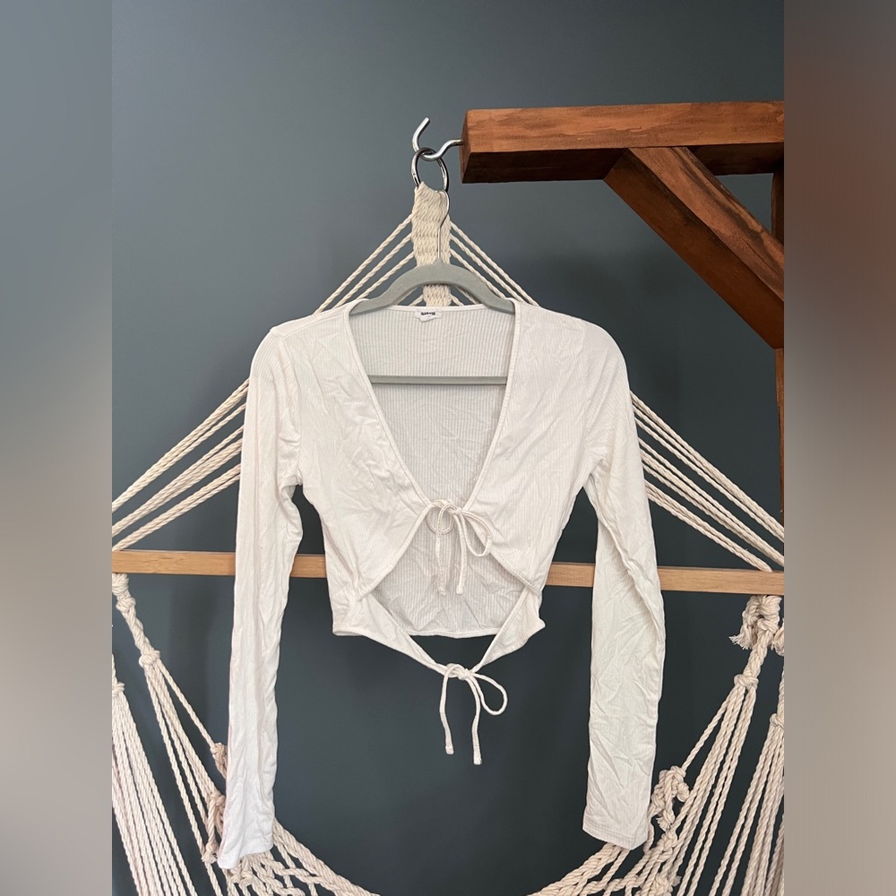 Garage White tie-front ribbed cardigan